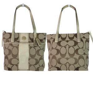 Coach Gold Tan Signature Stripe Logo Bag Purse Tote Satchel Shoulder Bag NEW